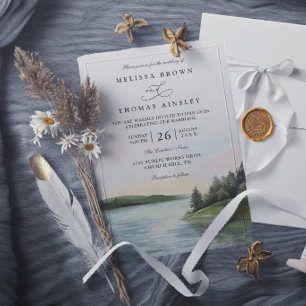 Rustic Forest Lake Landscape Elegant Chic Wedding Invitation