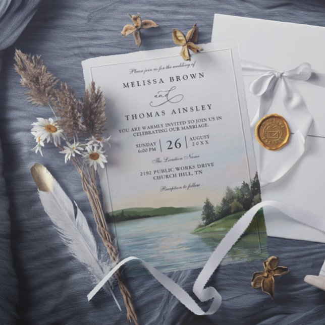 Rustic Forest Lake Landscape Elegant Chic Wedding Invitation (Creator Uploaded)