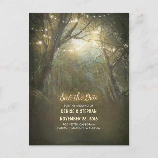 Rustic Forest Light Strings Save The Date Announcement Postcard (Front)
