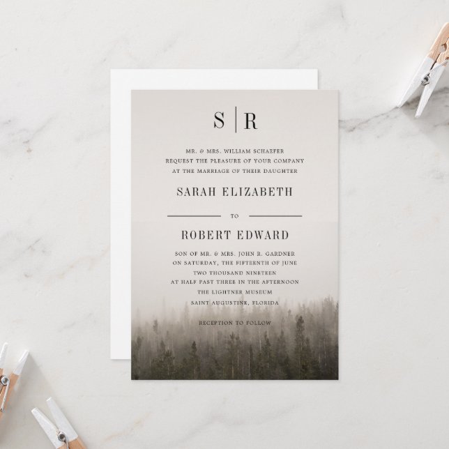 Rustic Forest Misty Landscape Rehearsal Dinner Invitation (Front/Back In Situ)
