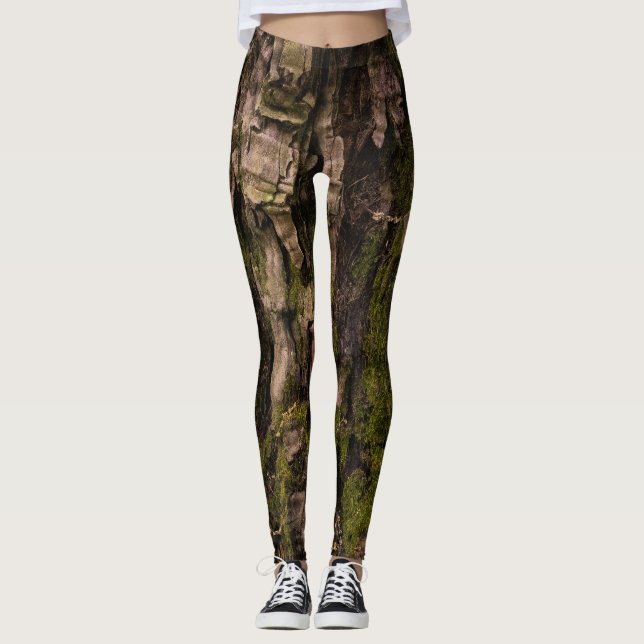 Rustic Forest Mossy Green Tree Bark Leggings (Front)