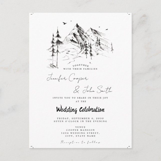 Rustic Forest Mountain Sketch Destination Wedding  Postcard (Front)