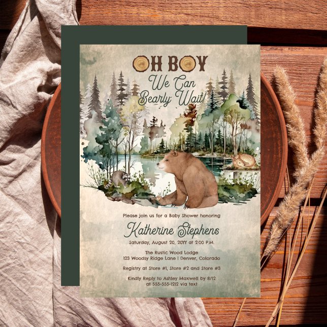 Rustic Forest Oh Boy Bearly Wait Baby Shower Invitation ("Oh Boy We Can Bearly Wait!" Rustic Woodland Bear Forest Animals Baby Shower Invitation - Print Digi)