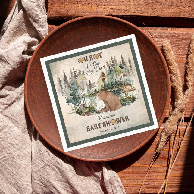 Rustic Forest Oh Boy Bearly Wait Baby Shower Napkin ("Oh Boy We Can Bearly Wait!" Rustic Woodland Bear and Forest Animals Baby Shower Paper Napkins)