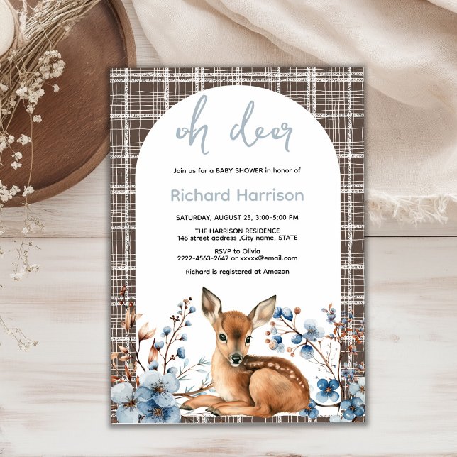 Rustic forest Oh deer cute baby shower invitation (Oh deer rustic blue florals with cute forest deer baby shower invitation, gender neutral, woodland )