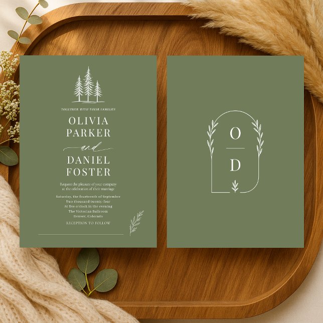 Rustic Forest Olive Green Line Art  Wedding Invitation (Creator Uploaded)