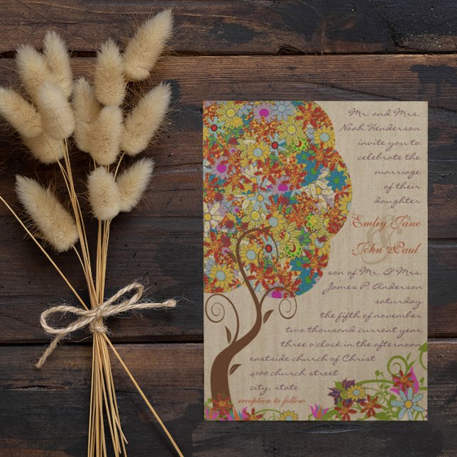 Rustic Forest Patchwork Floral Colourful Tree Invitation (Creator Uploaded)