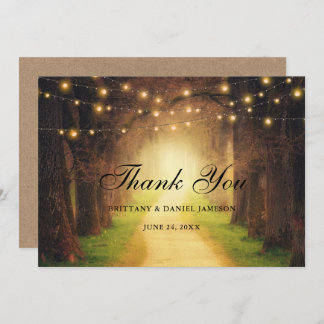 Rustic Forest Path String Lights Kraft Wedding Thank You Card