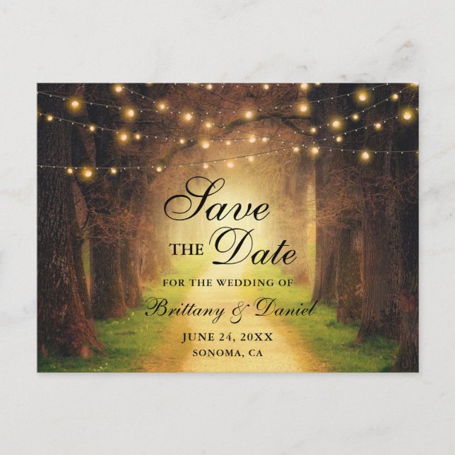 Rustic Forest Path String Lights Save the Date Announcement Postcard (Front)