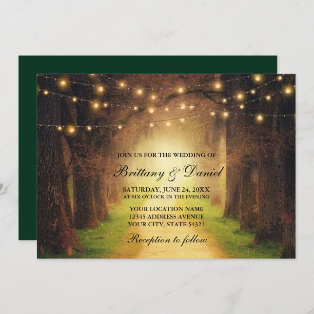Rustic Forest Path String Lights Wedding Green Invitation (Front/Back)
