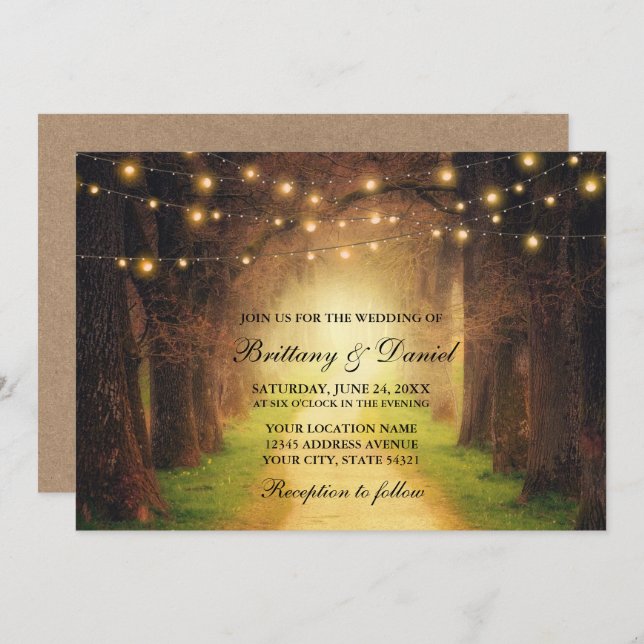 Rustic Forest Path String Lights Wedding Kraft Invitation (Front/Back)