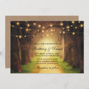 Rustic Forest Path String Lights Wedding Kraft Invitation