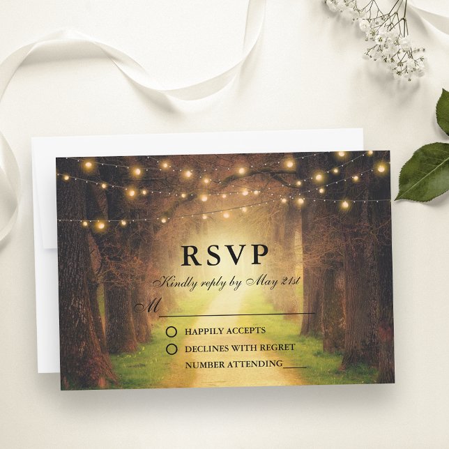 Rustic Forest Path with String Lights Wedding RSVP Card (Customize to change text size or text style.)