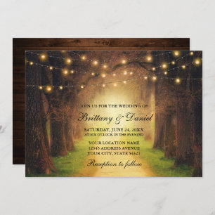 Rustic Forest Path Wood String Lights Wedding Invitation