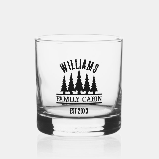 Rustic Forest Personalised Family Cabin Name Est Whiskey Glass (Front)