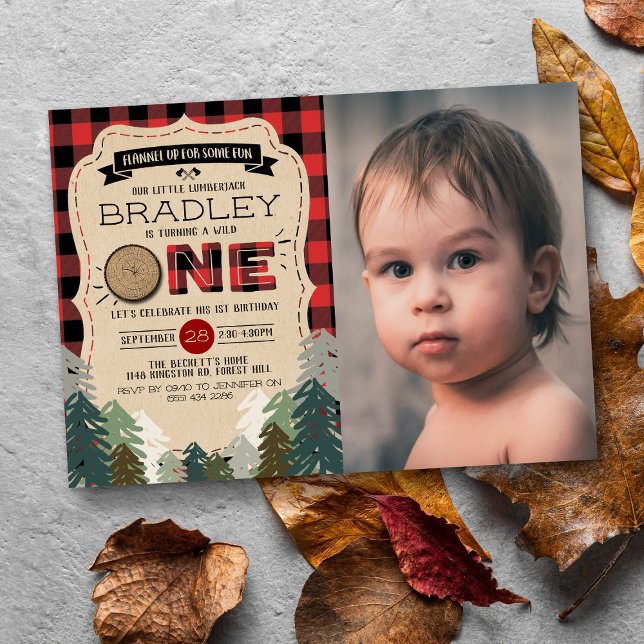 Rustic Forest Plaid Lumberjack Boys 1st Birthday Invitation (Creator Uploaded)
