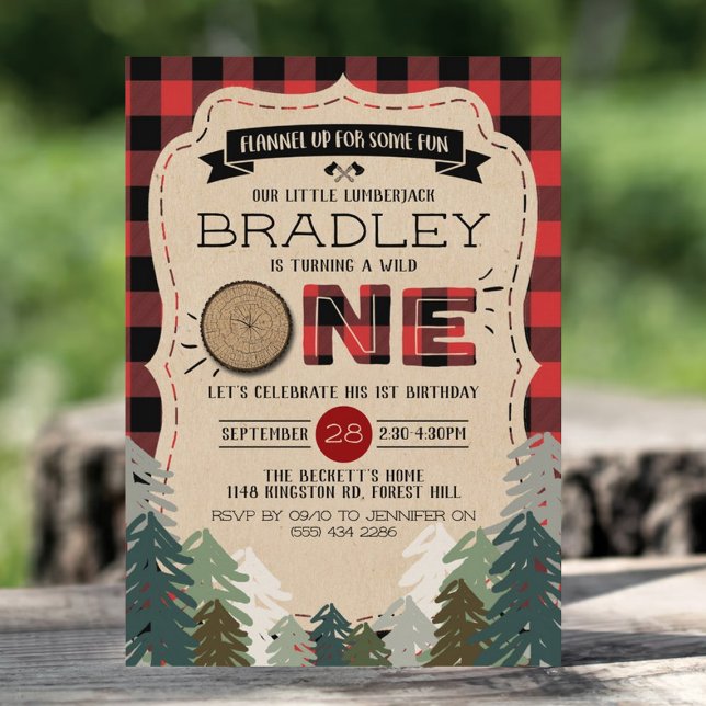Rustic Forest Plaid Lumberjack Boys 1st Birthday Invitation (Creator Uploaded)