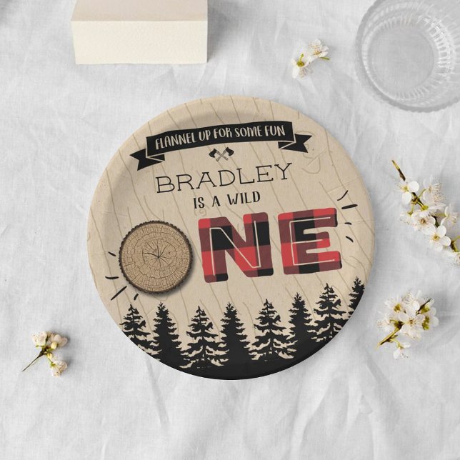 Rustic Forest Plaid Lumberjack Boys 1st Birthday Paper Plate (Creator Uploaded)