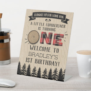 Rustic Forest Plaid Lumberjack Boys 1st Birthday Pedestal Sign