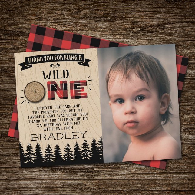 Rustic Forest Plaid Lumberjack Boys 1st Birthday Thank You Card (Creator Uploaded)