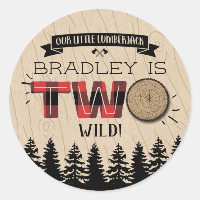 Rustic Forest Plaid Lumberjack Boys 2nd Birthday Classic Round Sticker (Front)