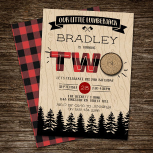 Rustic Forest Plaid Lumberjack Boys 2nd Birthday Invitation