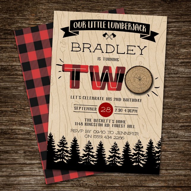 Rustic Forest Plaid Lumberjack Boys 2nd Birthday Invitation (Creator Uploaded)
