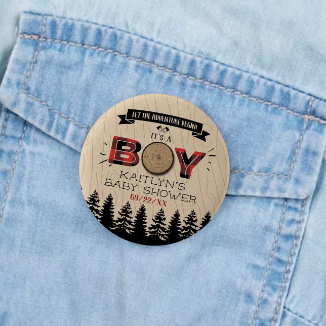 Rustic Forest Plaid Lumberjack Boys Baby Shower 6 Cm Round Badge (Creator Uploaded)