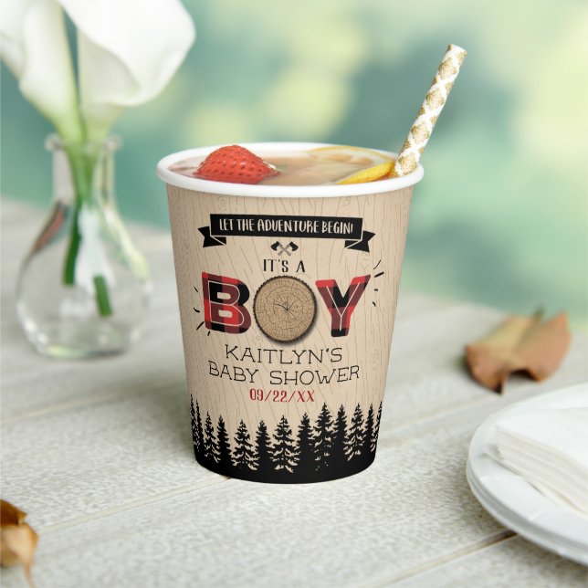 Rustic Forest Plaid Lumberjack Boys Baby Shower Paper Cups (Insitu)