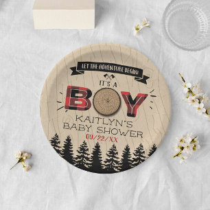Rustic Forest Plaid Lumberjack Boys Baby Shower Paper Plate