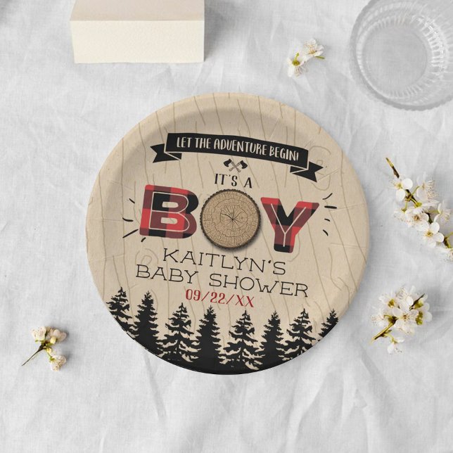 Rustic Forest Plaid Lumberjack Boys Baby Shower Paper Plate (Creator Uploaded)