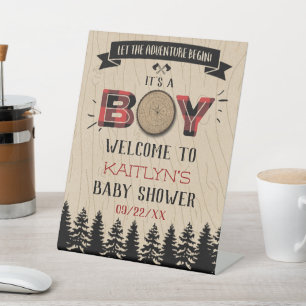Rustic Forest Plaid Lumberjack Boys Baby Shower Pedestal Sign