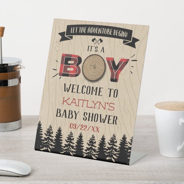 Rustic Forest Plaid Lumberjack Boys Baby Shower Pedestal Sign (In SItu)