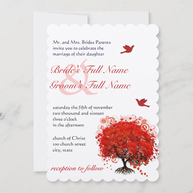 Rustic Forest Red Tree Love Birds Wedding Invitation (Front)