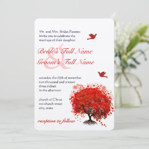 Rustic Forest Red Tree Love Birds Wedding Invitation