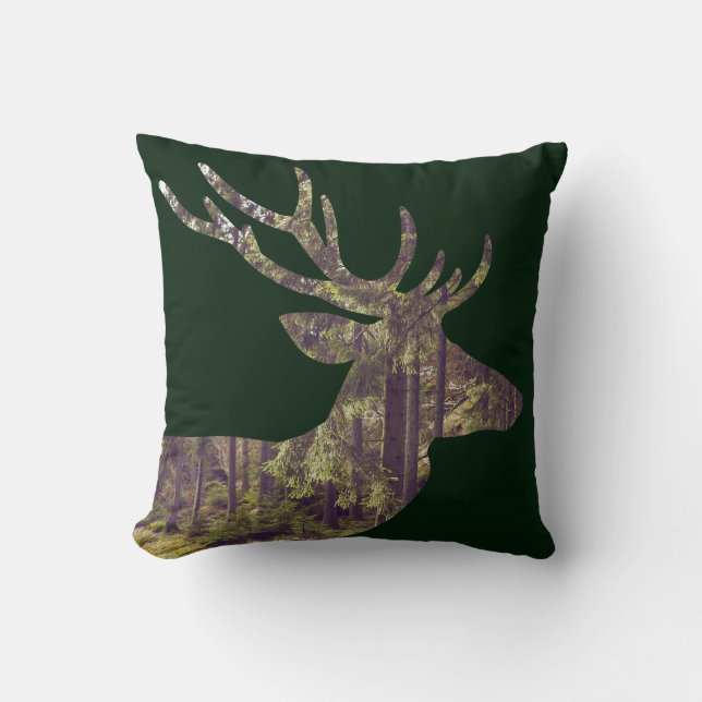 Rustic Forest Scene Deer on Dark Green Cushion (Front)