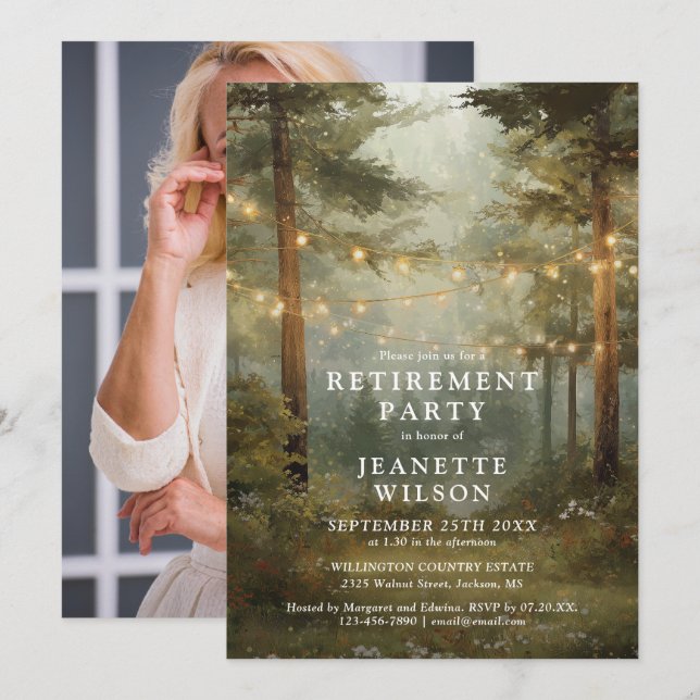 Rustic Forest String Lights Retirement Party Photo Invitation (Front/Back)