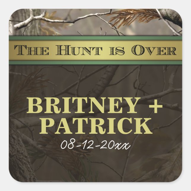 Rustic Forest The Hunt is Over Camo Wedding Favour Square Sticker (Front)