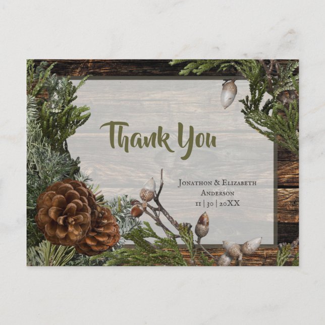 Rustic Forest Wedding Dark Wood Evergreen Bough Postcard (Front)