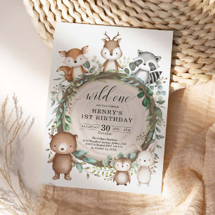 Rustic Forest Woodland Animals Wild One Birthday Invitation