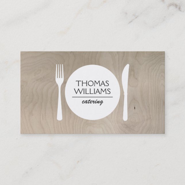 RUSTIC FORK, KNIFE, PLATE LOGO on LIGHT WOODGRAIN Business Card (Front)