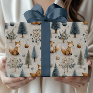 Rustic Fox and Christmas Tree and Bauble In Blue Wrapping Paper