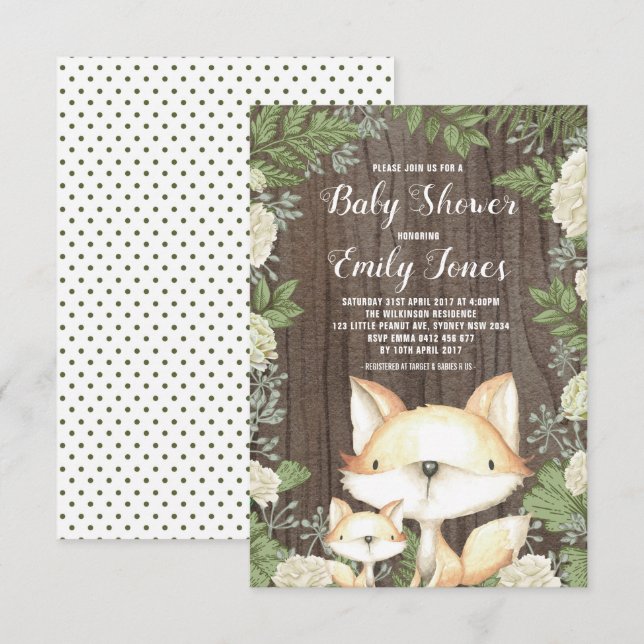 Rustic Fox Baby Shower Botanical Greenery Invitation (Front/Back)