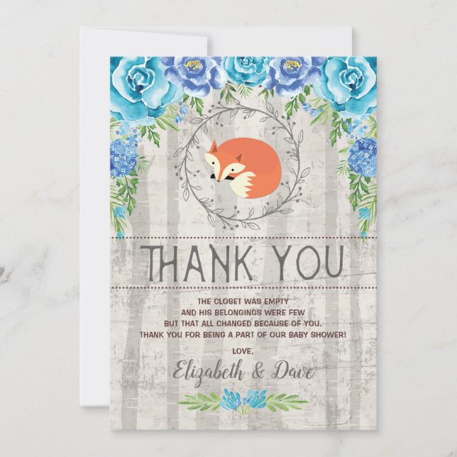 Rustic Fox Blue Floral Woodland Boy Baby Shower Thank You Card (Front)