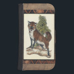 Rustic Fox Stepping on a Tree Trunk Samsung S4 Wallet Case<br><div class="desc">This rustic print illustrates a fox in front of a pine tree. The colours are in the soft pastel range and the framing of the picture has traditional motives in the brown gama. This designs would be a perfect addition to your country house decoration.</div>