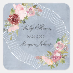 rustic frame floral baby shower monogram square sticker