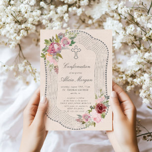 Rustic Frame Pink Burgundy Floral Confirmation Invitation