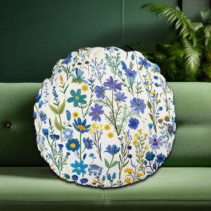 Rustic French Blue Garden Wildflowers Round Cushion