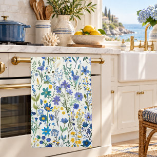 Rustic French Blue Garden Wildflowers Tea Towel