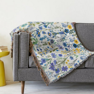 Rustic French Blue Garden Wildflowers Throw Blanket